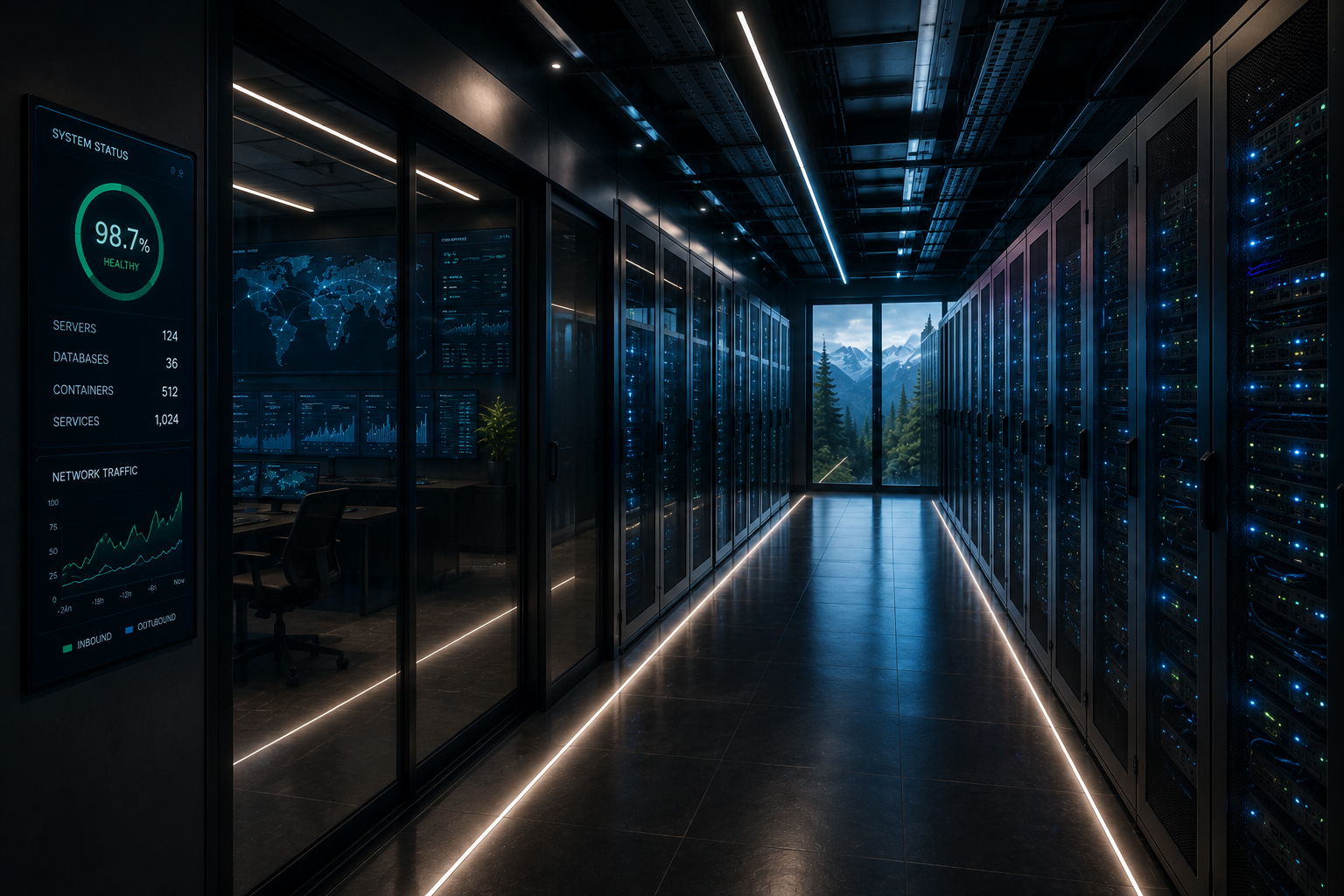 Modernes Rechenzentrum als visuelle Darstellung sicher betriebener digitaler Plattformen.