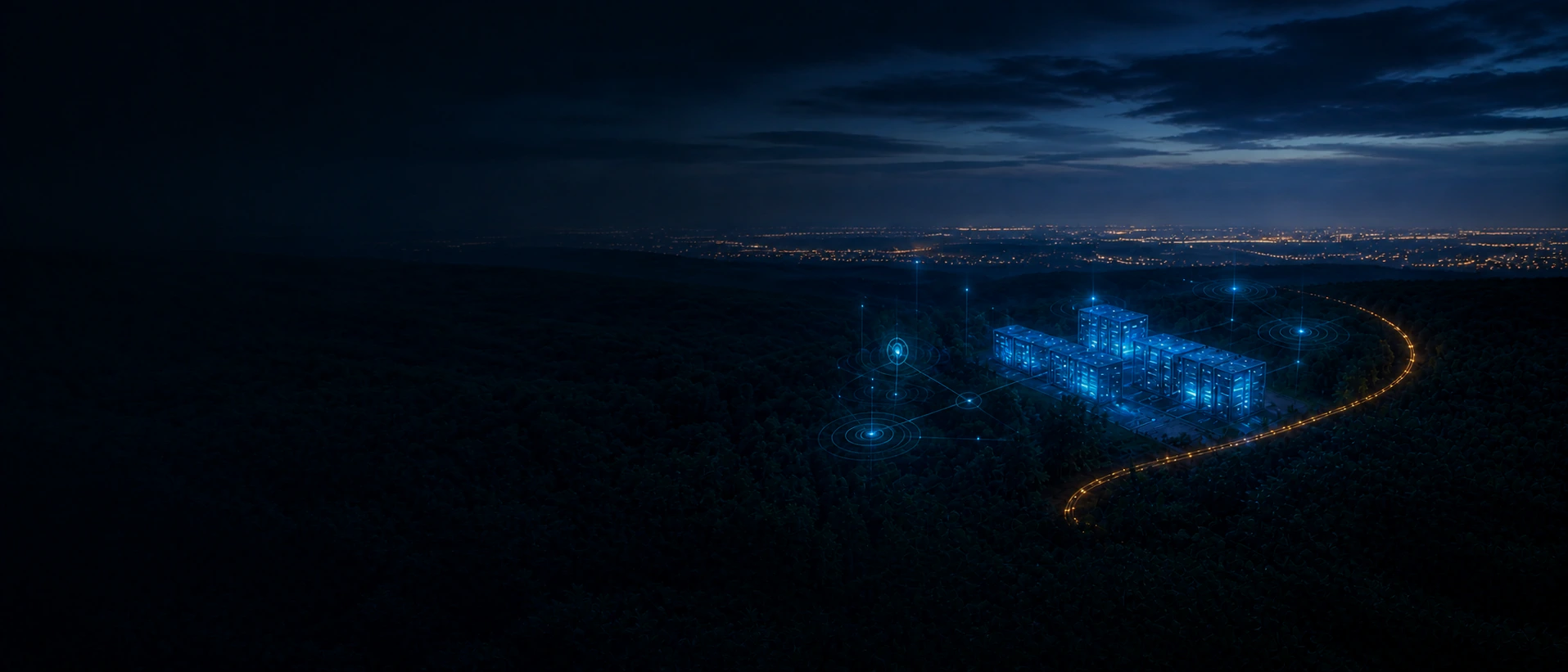 Vom Wienerwald inspirierte Nachtlandschaft mit visualisierten Betriebs- und Monitoringstrukturen.
