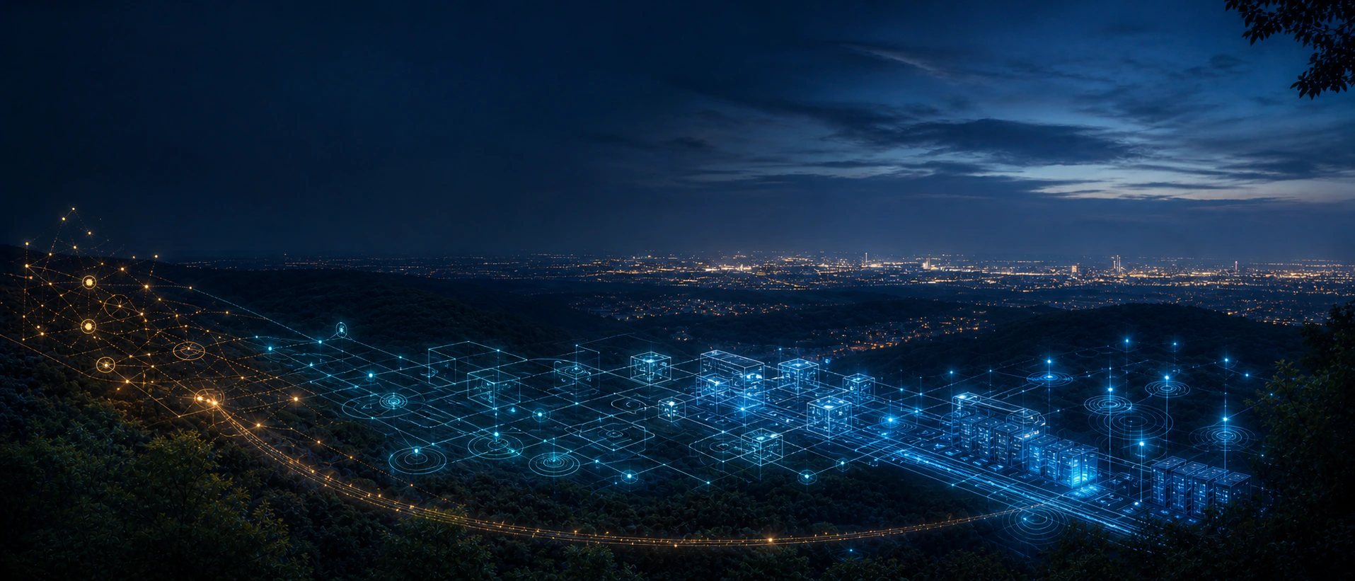 Vom Wienerwald inspirierte Abendlandschaft mit visualisiertem Weg von Transformation über IT-Umsetzung zu Hosting und Betrieb.
