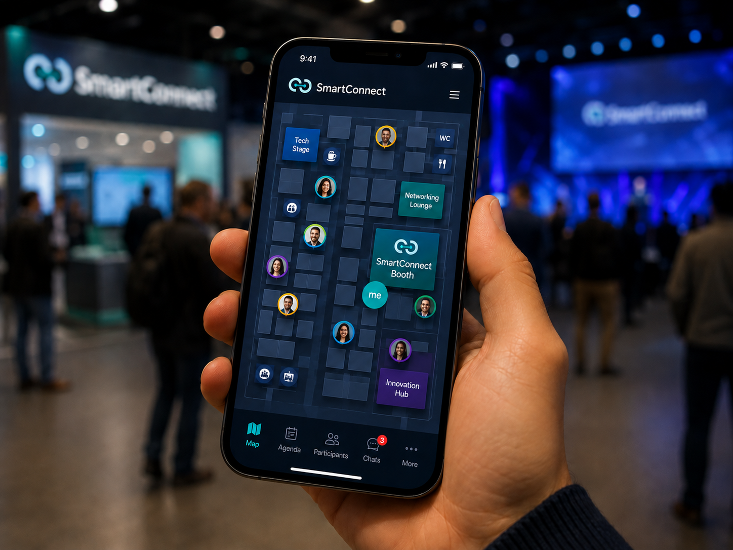 SmartConnect Event-Map auf einem Smartphone, live auf einer Veranstaltung genutzt.