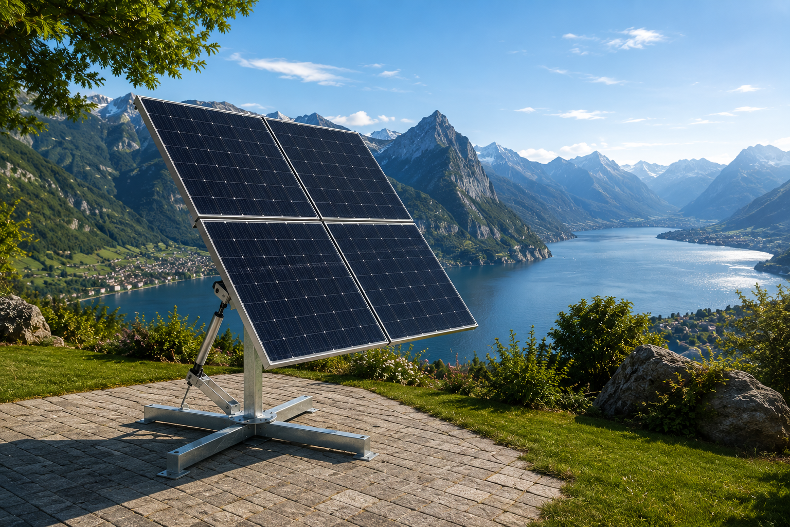 Repräsentative alpine Darstellung des SolarTracker-Systems (SolArt) mit vier Photovoltaikmodulen auf Basis des physischen Prototyps.
