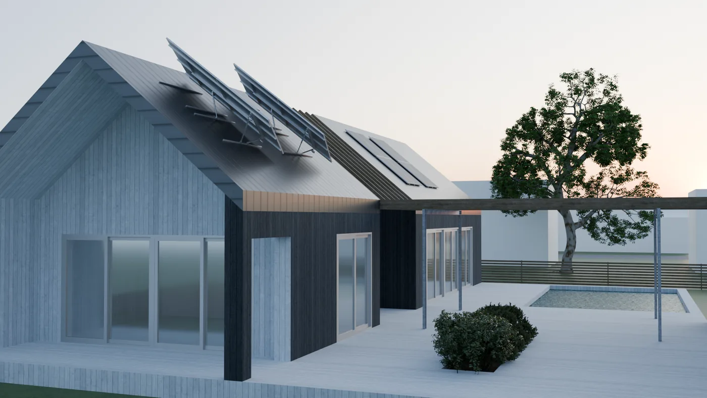 Konzeptvisualisierung mehrerer nachgeführter Photovoltaikmodule auf einem geneigten Wohngebäudedach.